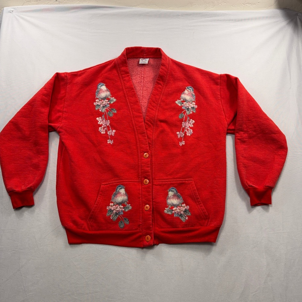 Vintage Cardigan‎ Bird Floral ESY Sweatshirt Graphic Red Women Size L/XL